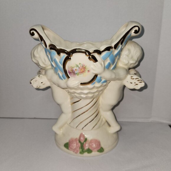 Ceramic Cherub Planter Vase with Gold Accents & Delicate Floral Design - Picture 2 of 8